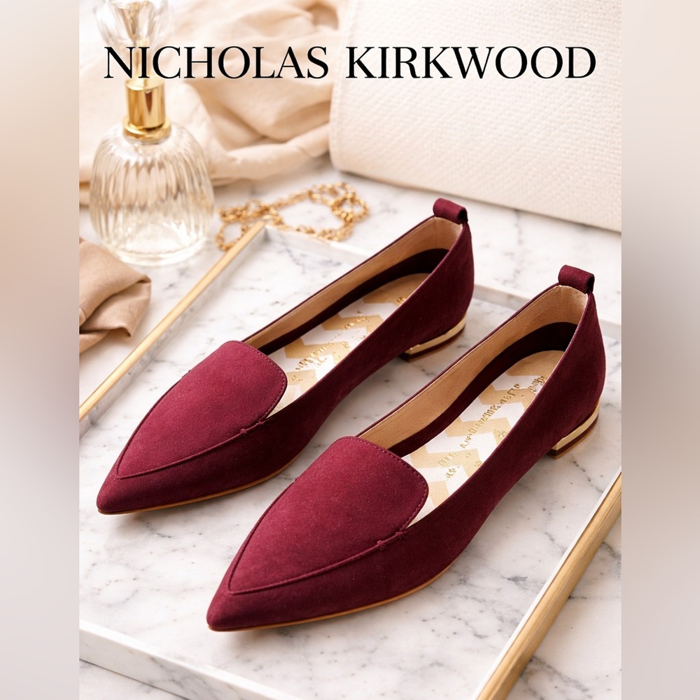 Nicholas Kirkwood Burgundy Suede Pointed Toe Flats